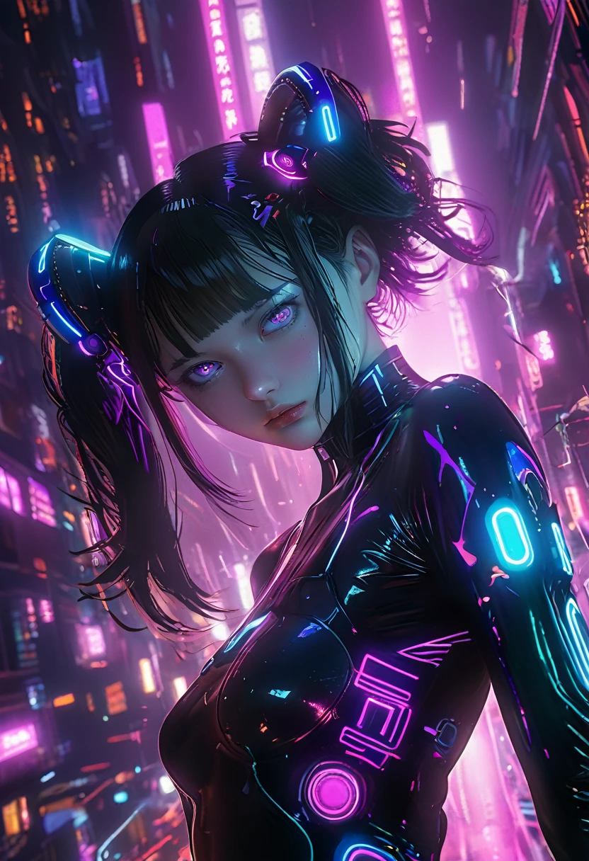surreal horror, anime style, directed by Junji Ito, high contrast, vivid colors, eerie atmosphere, psychological tension, intricate line work, nightmarish creatures, cyberpunk portrait, neon lighting, anime-inspired, glossy textures, hyper-realistic details, vibrant colors, electric energy, surreal atmosphere, glowing eyes, close-up perspective, wet textures, high contrast, futuristic setting, reflective surfaces, intense gaze, digital art, blue and purple tones, sharp lines, dynamic lighting