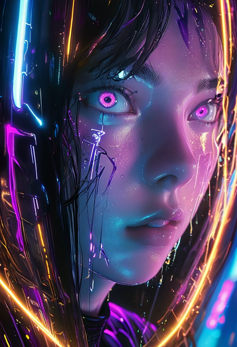 surreal horror, anime style, directed by Junji Ito, high contrast, vivid colors, eerie atmosphere, psychological tension, intricate line work, nightmarish creatures, cyberpunk portrait, neon lighting, anime-inspired, glossy textures, hyper-realistic details, vibrant colors, electric energy, surreal atmosphere, glowing eyes, close-up perspective, wet textures, high contrast, futuristic setting, reflective surfaces, intense gaze, digital art, blue and purple tones, sharp lines, dynamic lighting