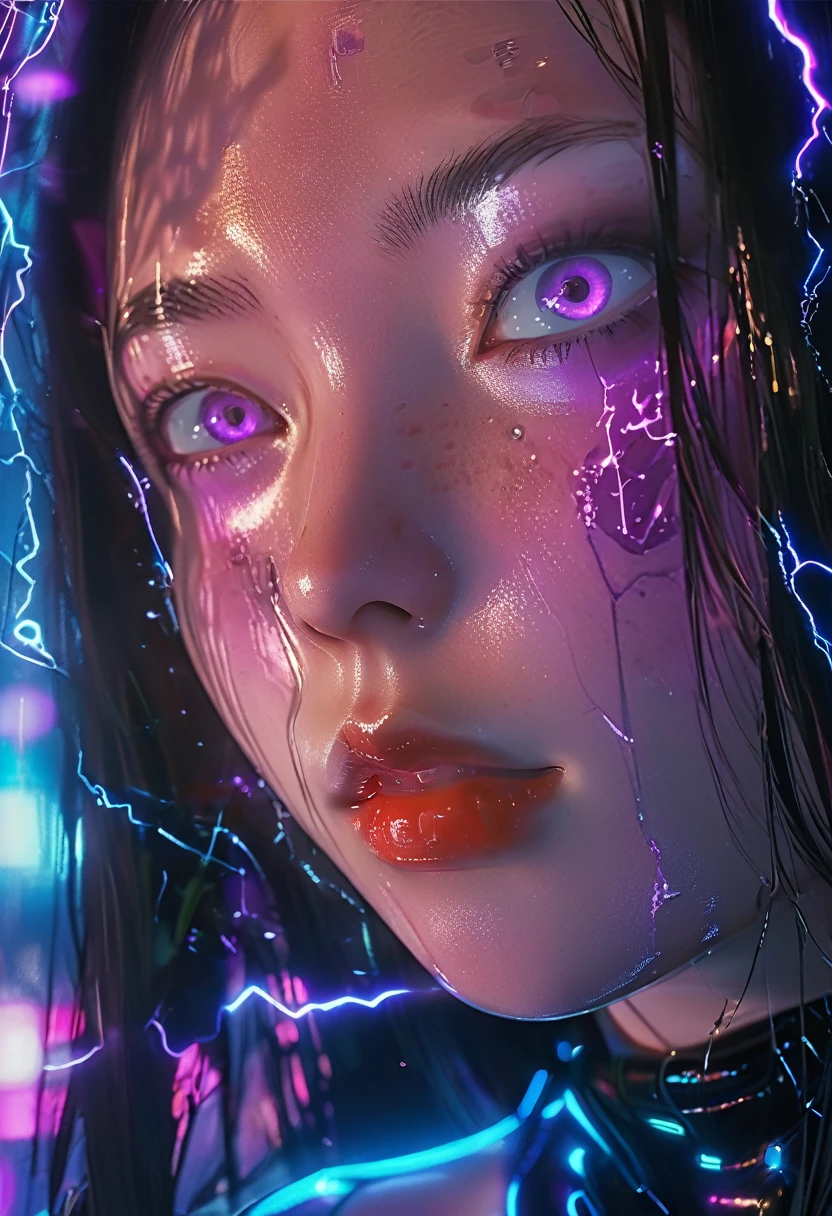 surreal horror, anime style, directed by Junji Ito, high contrast, vivid colors, eerie atmosphere, psychological tension, intricate line work, nightmarish creatures, cyberpunk portrait, neon lighting, anime-inspired, glossy textures, hyper-realistic details, vibrant colors, electric energy, surreal atmosphere, glowing eyes, close-up perspective, wet textures, high contrast, futuristic setting, reflective surfaces, intense gaze, digital art, blue and purple tones, sharp lines, dynamic lighting