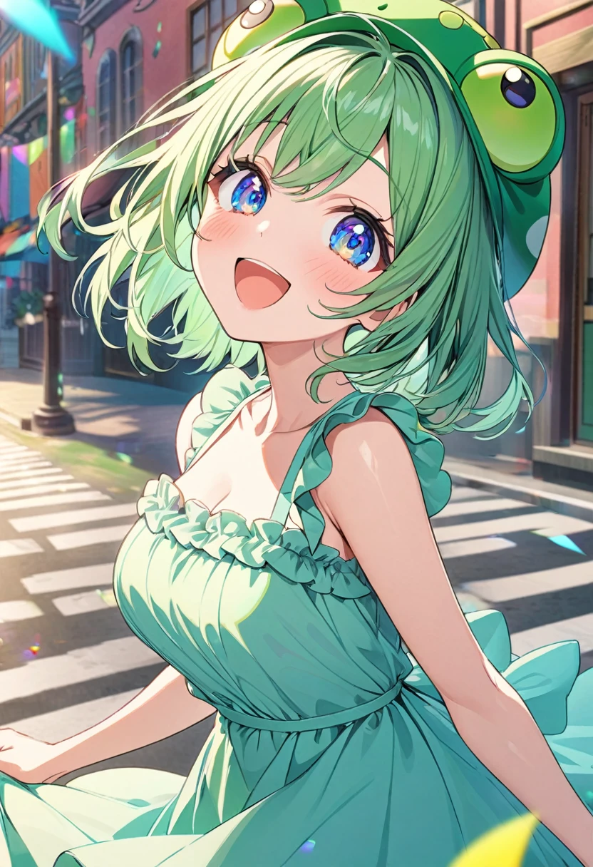 anime girl, short green hair,  Green frog-shaped hat, ultra detailed, vivid colors, green dress, pastel colors, blue eyes, happy 