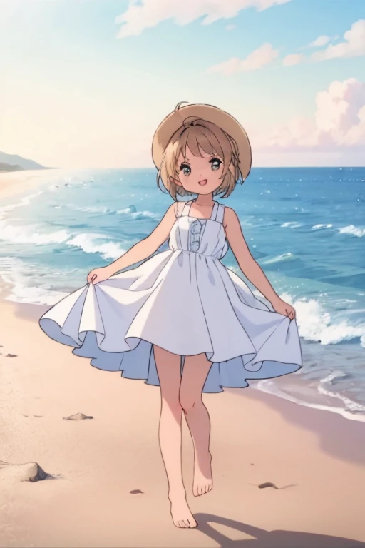 High resolution backgrounds,Beautiful background,anime, cute,Midsummer Beach,Cumulonimbus clouds floating on the horizon,Reflective and sparkling sea surface,9-year-old girl,White summer dress with only shoulder straps,Chestnut Hair,Short Bob Hair,barefoot,Happy expression,White straw hat,Lens flare,The hem of a skirt fluttering in the wind