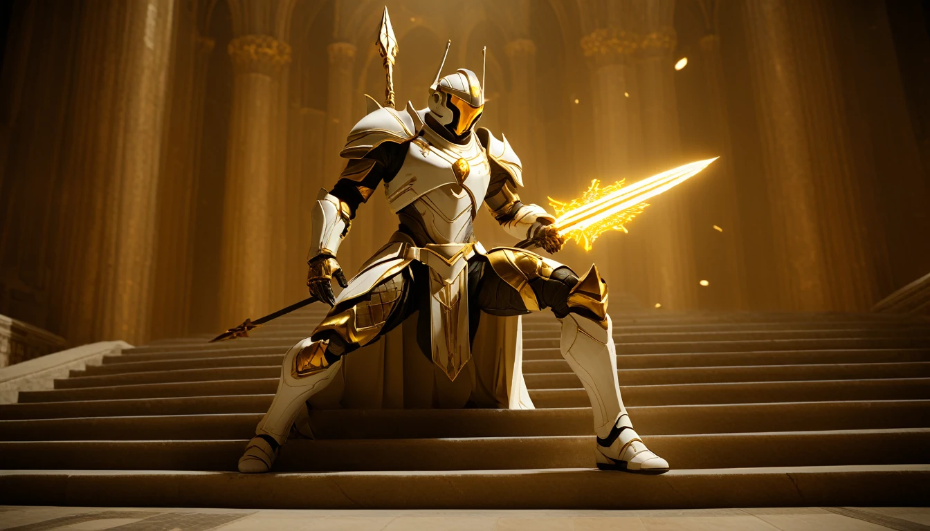 Masterpieces, male, Holy white Knight, (white armor) Action style shot, inside a cathedral, sitting on marble stairs leaning back against roman style temple pillars. (no undercloth), holding a spear in one hand, Glowing amber colored Christian Cross on breastplate, (Battle Priest in a warframe and halo style armor holding a spear with radiant amber light, emanating potent gold light magic.), (amber half cape), (action shot: sitting down on marble stairs), (white, amber and gold color scheme), (5 amber gems on belt), (holy light magic effects), white and amber tabard, centered, full body shot fighting, sci-fi knight, Halo master chief, vibrant colors, visible figure joints, cinematic shot, volumetric lighting, intricate pattern detail, highly detailed