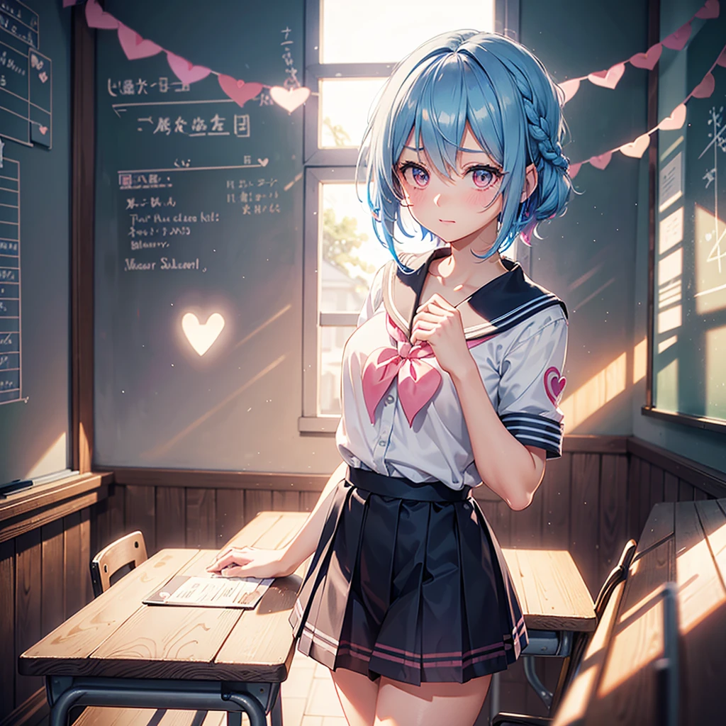 Sky blue hair,Braided short hair,Pink Eyes,Fair skin,whole body,one person,Embarrassed,The background is a school classroom,((Heart lettering on a blackboard)),Heart-shaped chocolate,Hand it forward with both hands,Sailor suit,valentineday,masterpiece, Highest quality, Very detailed, Best Shadow,Detailed Background,Beautifully detailed face,High Contrast,Best lighting,Very delicate and beautiful,Cinematic Light,Hyper Detail,8k,Dramatic Light, Intricate details,