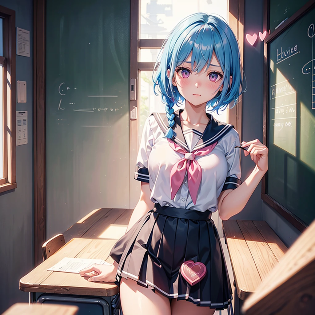 Sky blue hair,Braided short hair,Pink Eyes,Fair skin,whole body,one person,Embarrassed,The background is a school classroom,((Heart lettering on a blackboard)),Heart-shaped chocolate,Hand it forward with both hands,Sailor suit,valentineday,masterpiece, Highest quality, Very detailed, Best Shadow,Detailed Background,Beautifully detailed face,High Contrast,Best lighting,Very delicate and beautiful,Cinematic Light,Hyper Detail,8k,Dramatic Light, Intricate details,