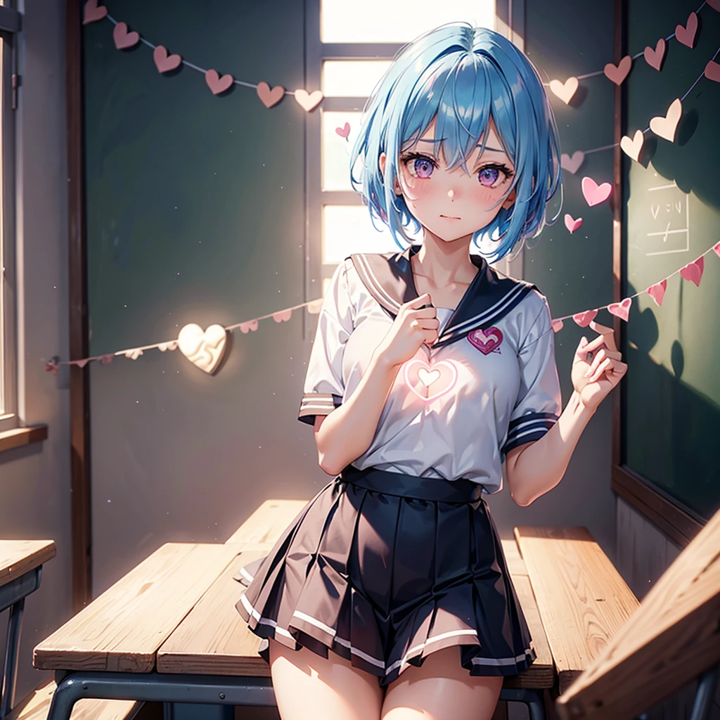 Sky blue hair,Braided short hair,Pink Eyes,Fair skin,whole body,one person,Embarrassed,The background is a school classroom,((Heart lettering on a blackboard)),Heart-shaped chocolate,Hand it forward with both hands,Sailor suit,valentineday,masterpiece, Highest quality, Very detailed, Best Shadow,Detailed Background,Beautifully detailed face,High Contrast,Best lighting,Very delicate and beautiful,Cinematic Light,Hyper Detail,8k,Dramatic Light, Intricate details,