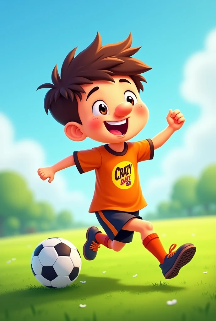boy with big very happy nose playing soccer wearing orange uniform with Crazy Bar logo