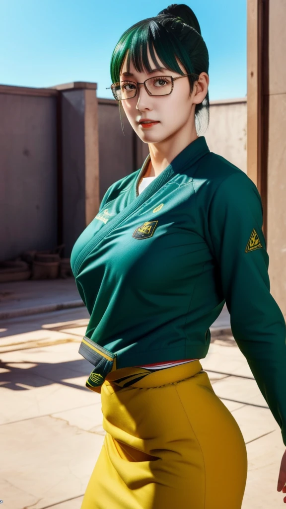 Highest quality, masterpiece, One person, (alone:1.1), Ray Tracing, Super detailed,Detailed face, 8k wallpaper, Wide Hips, Zenyuan Maki NDV, One person, Green Hair, Yellow Eyes, Large Breasts, ponytail, Glasses, Jiu Jitsu Uniform, Jacket, skirt, Outdoor, From the side, View your viewers,