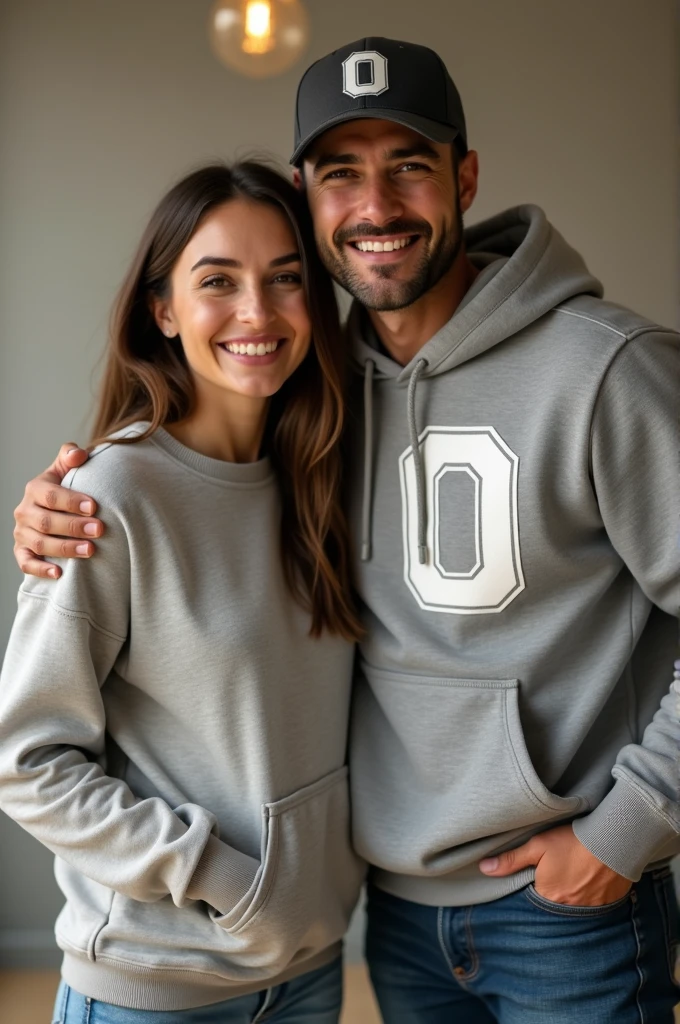 couple with sweatshirt brunette woman with initial L on sweatshirt, man with initial O in sweatshirt and cap