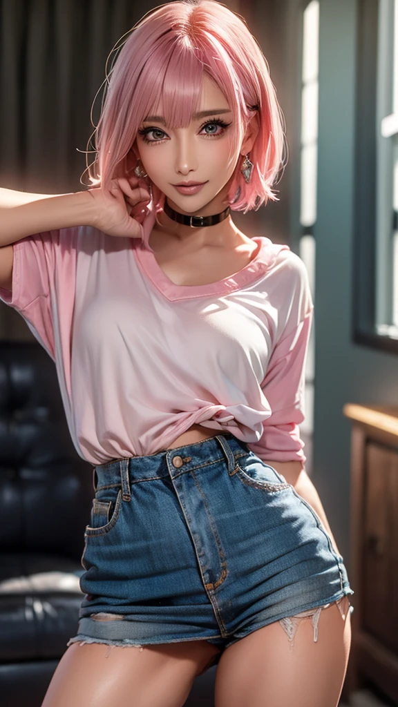 (Highest quality), Realistic, (live-action),(Short Hair,Sharp bangs)Showing off your crotch,Highest quality,Highest quality,8k images,Pink Hair,High heels,school uniform,(破れたschool uniform)Small face,((Big Breasts))Open legs and show panties,Holding a pistol,