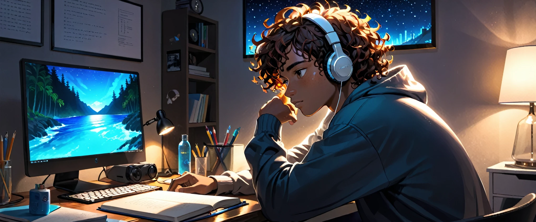 ((Boy)), ((Dark Skin)), ((Freckles on Face)), black curly hair, white streak, ((Studying)), bedroom, ((Calm)), ((Chill)), ((Headphones)), ((Laptop)), ((Monitor)), Night, Bottle, Desktop, ((Hacking)), ((Hacker)), Tech, HD, High Resolution, 4K