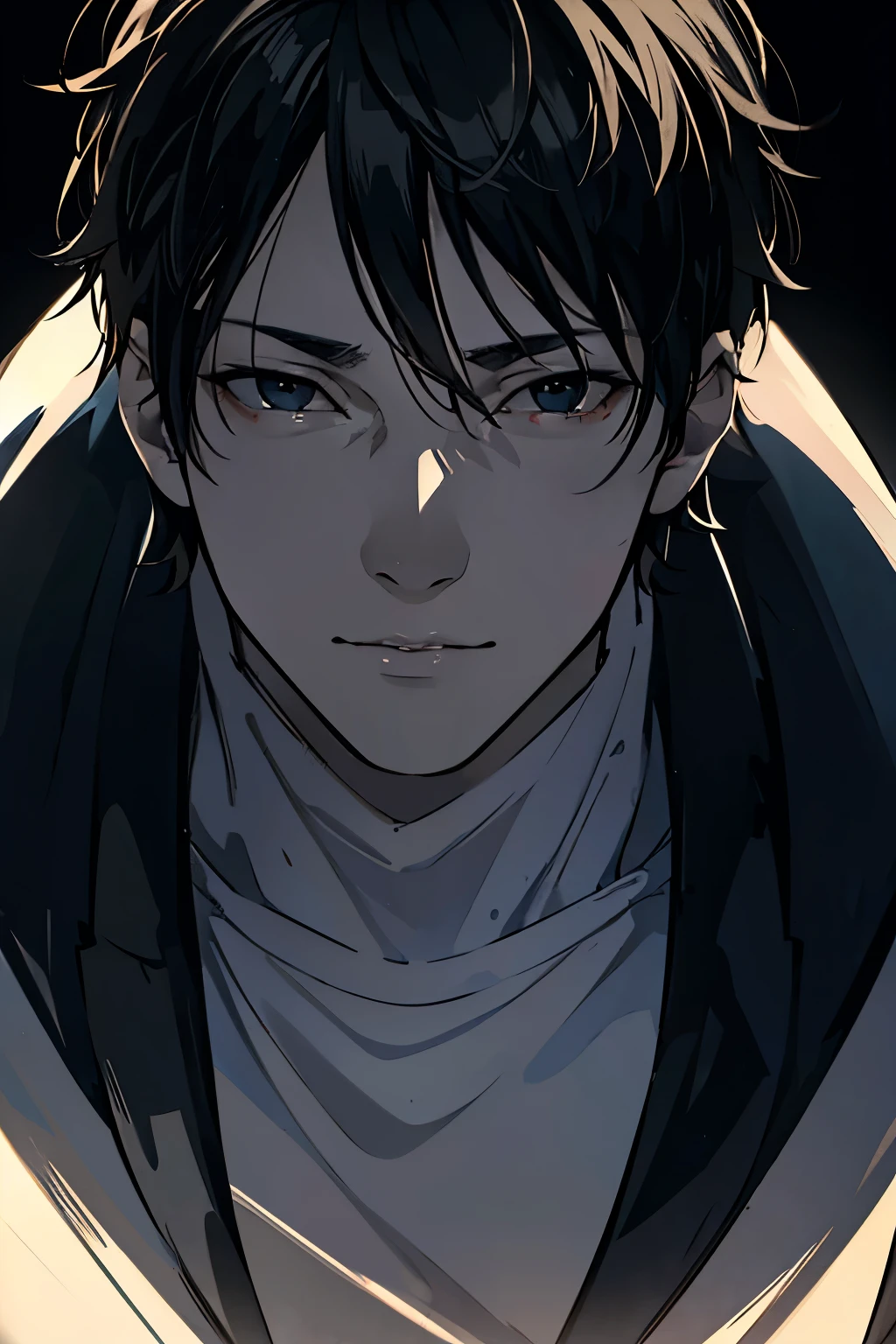 a man with short, slightly wavy dark hair, wearing a dark blue jacket, a white t-shirt, and jeans, with expressive grey eyes, a confident expression, and a fit physique, (best quality,4k,8k,highres,masterpiece:1.2),ultra-detailed,(realistic,photorealistic,photo-realistic:1.37),portrait,highly detailed face, detailed eyes, detailed facial features, detailed clothing, cinematic lighting, moody colors