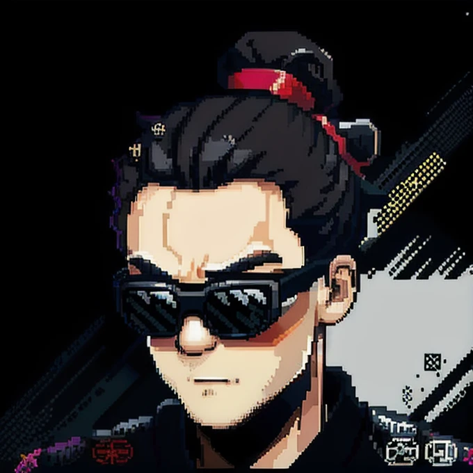 front logo man with samurai bun style glasses in pixel black color black outfit black skin color