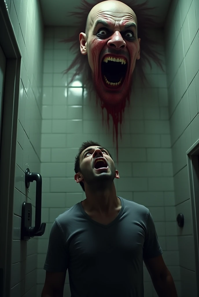 man screaming at a scary bloody face coming down from the bathroom ceiling, nightmare