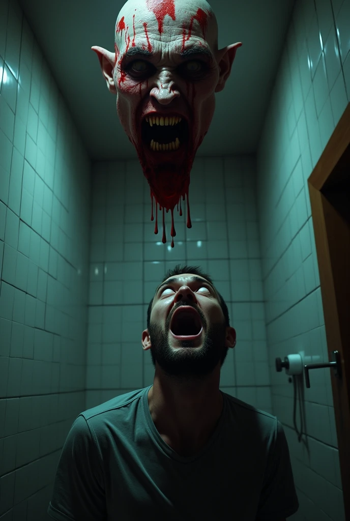 man screaming at a scary bloody face coming down from the bathroom ceiling, nightmare