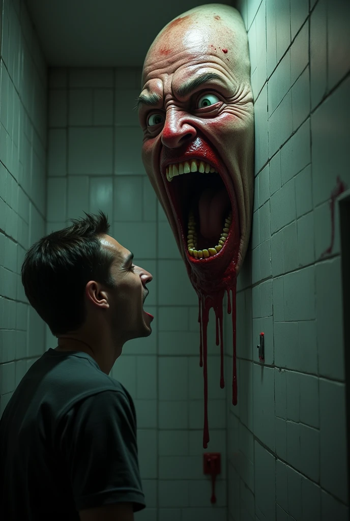 man screaming at a scary bloody face coming down from the bathroom ceiling, nightmare