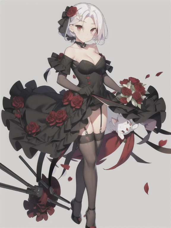 Vittorio_Veneto \(warship girls r\),((masterpiece)),(((best quality))),((ultra-detailed)),((illustration)),((disheveled hair)),((frills)),(1 girl),(solo),1girl,animal,bangs,bare shoulders,black dress,black flower,black footwear,black legwear,black ribbon,black rose,blood,bouquet,breasts,camellia,cat,cleavage,closed mouth,clothed animal,collarbone,dog,dress,elbow gloves,flower,full body,garter straps,gloves,gradient,***,hair flower,hair ornament,high heels,holding bouquet,holding flower,jewelry,looking at viewer,low ponytail,medium breasts,orange eyes,pink rose,pubic tattoo,purple rose,red eyes,red flower,red rose,rose,rose petals,rose print,shoes,solo,spider lily,spot color,standing,strapless,strapless dress,stuffed animal,stuffed toy,thighhighs,thorns,twintails,short hair,weapon,white cat,white hair,white rose,
