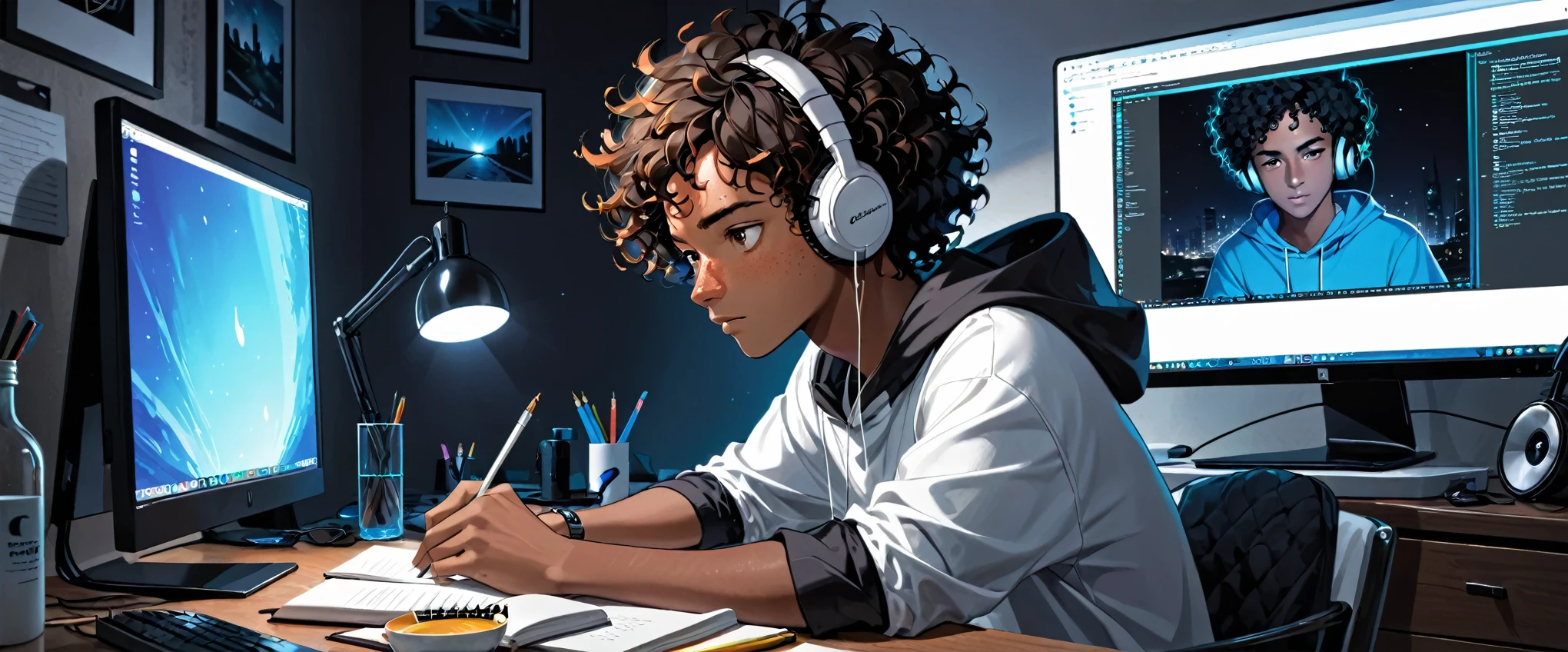 ((Boy)), ((Dark Skin)), ((Freckles on Face)), black curly hair, white streak, ((Studying)), bedroom, ((Calm)), ((Chill)), ((Headphones)), ((Laptop)), ((Monitor)), Night, Bottle, Desktop, ((Hacking)), ((Hacker)), Tech, HD, High Resolution, 4K