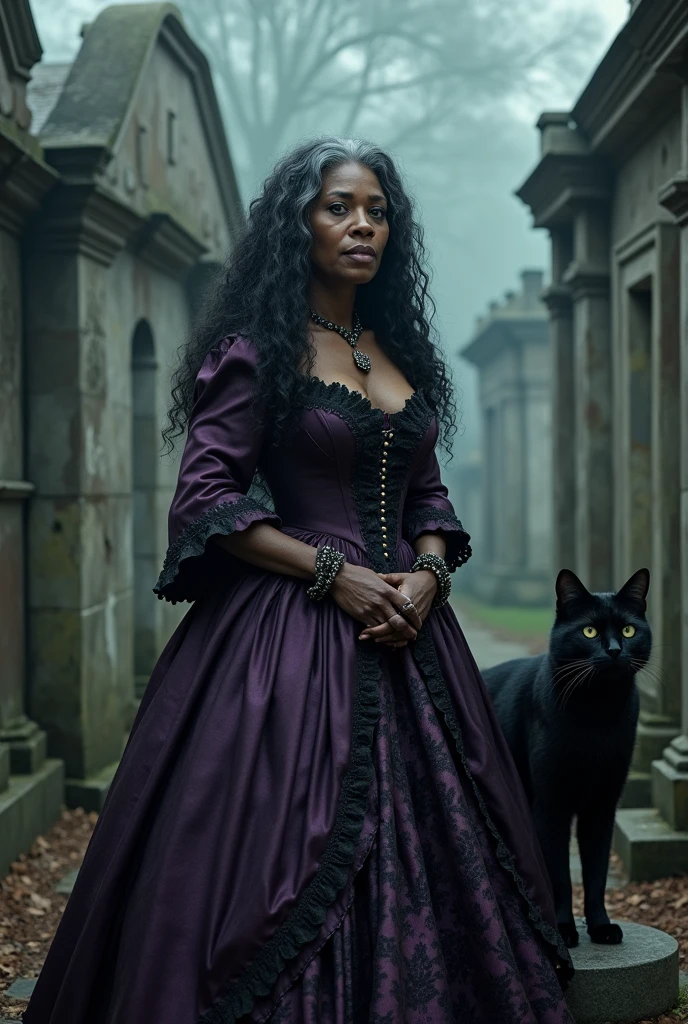 An old black woman in her 50s in Brazil. Long, slightly gray, very curly hair. In a cemetery dressed in an old purple and black period dress. With a black cat and a skull.