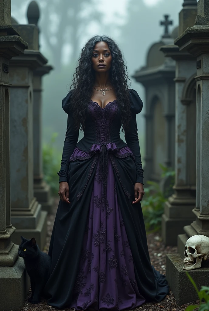 An old black woman in her 50s in Brazil. Long, slightly gray, very curly hair. In a cemetery dressed in an old purple and black period dress. With a black cat and a skull.