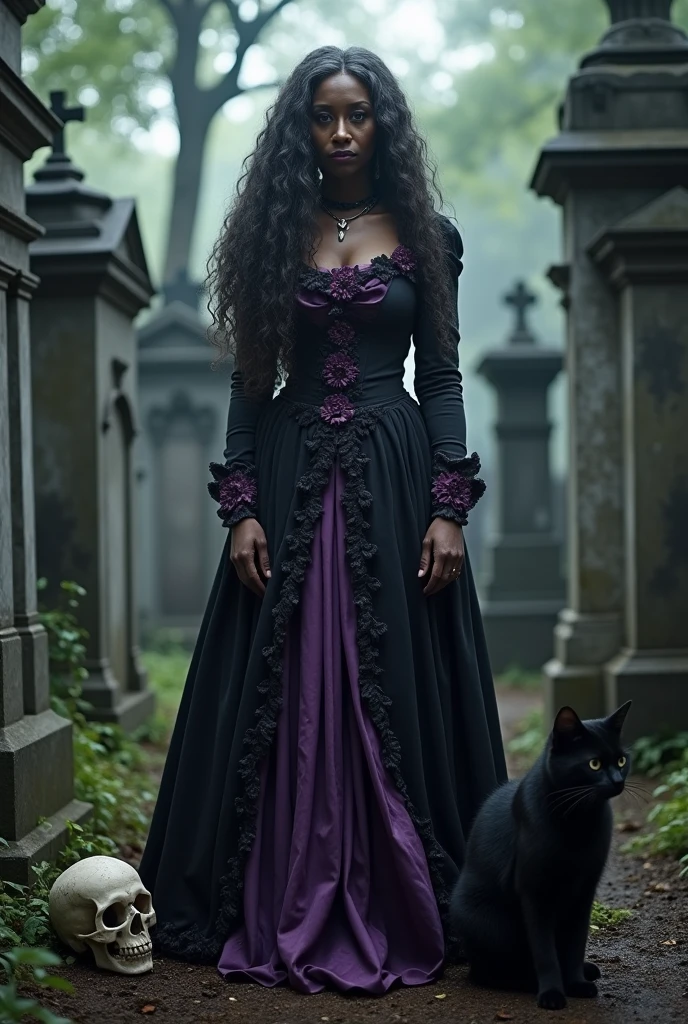 An old black woman in her 50s in Brazil. Long, slightly gray, very curly hair. In a cemetery dressed in an old purple and black period dress. With a black cat and a skull.