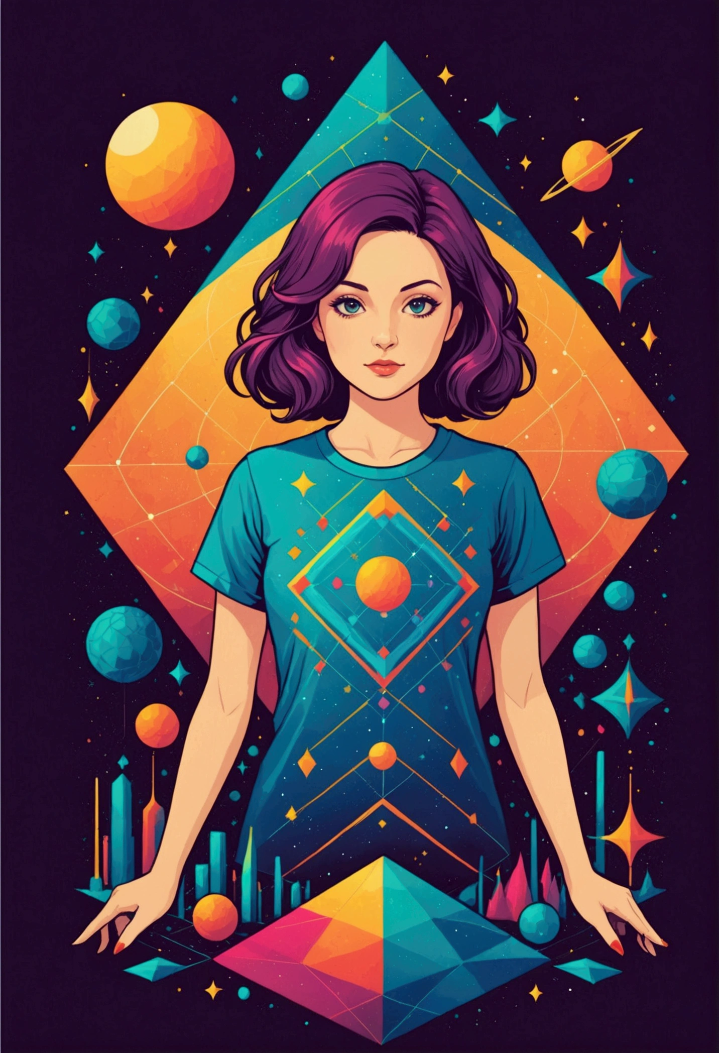 T-shirt with geometric patterns, science funter design, illustration style, best quality images