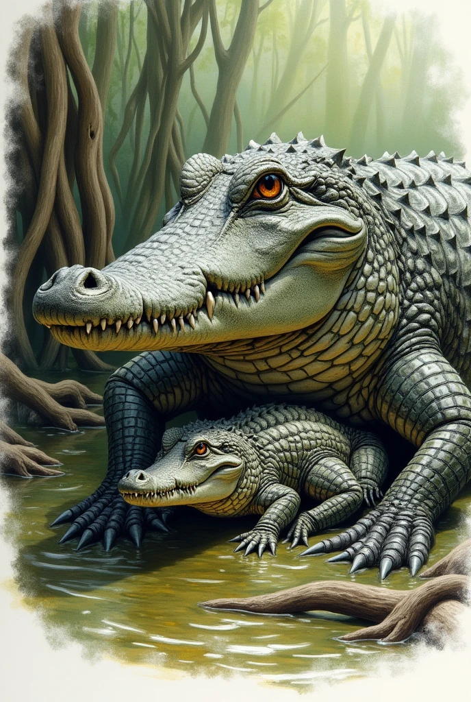 An illustrative drawing of a crocodile with its mother