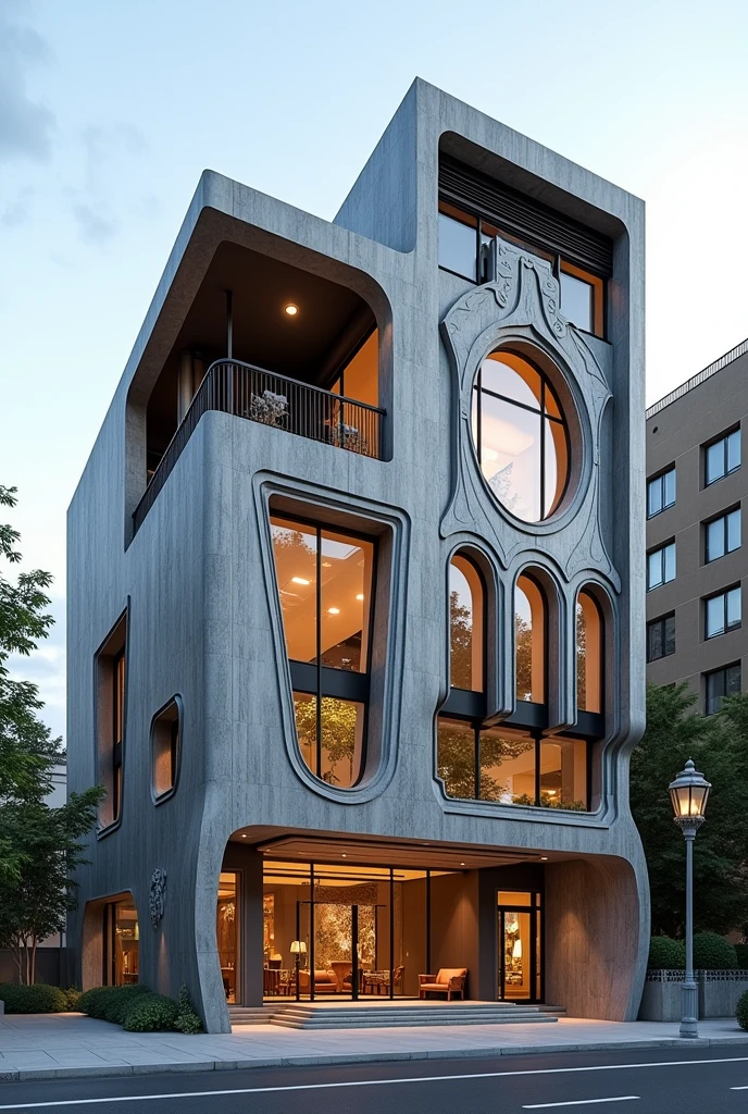 Two-storey administrative building, contemporary style and art nouveau style