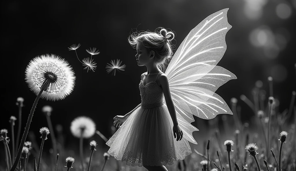 Dandelion Fairy black and white infrared black and white enchanted dandelion photogram rayograph, solarisation, colorful dandelions fairies, Dandelion fairies granting wishes