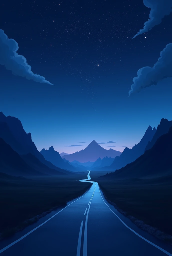 Create a nighttime landscape with a clear starry sky and mountains in the background. The scene features an empty road that leads straight into the horizon, with the mountains on either side. The overall mood should be peaceful and slightly mysterious, with deep blue and purple tones. Exclude the moon from the sky to keep the focus on the stars and the road ahead."