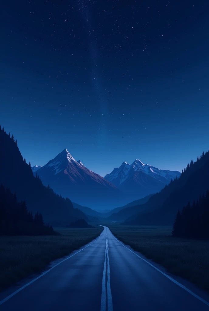 Create a nighttime landscape with a clear starry sky and mountains in the background. The scene features an empty road that leads straight into the horizon, with the mountains on either side. The overall mood should be peaceful and slightly mysterious, with deep blue and purple tones. Exclude the moon from the sky to keep the focus on the stars and the road ahead."