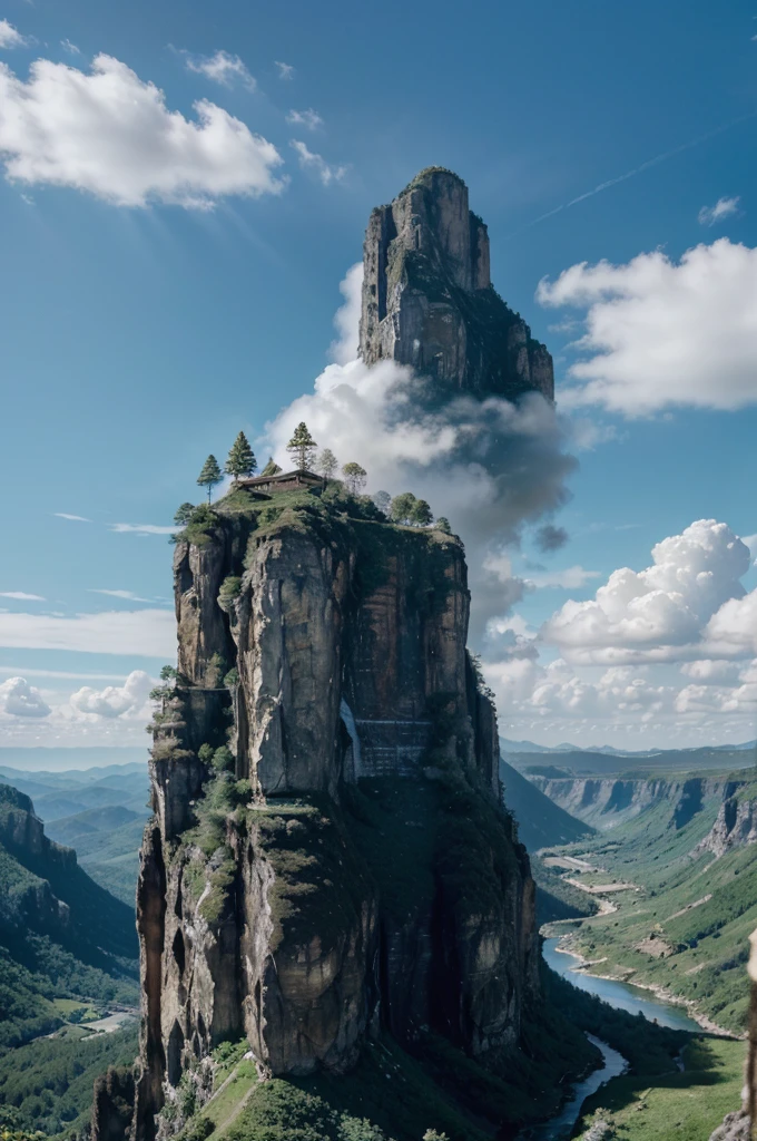 ({{highres,}},masterpiece,ultra-detailed,best quality,8k)cloud, sky, scenery, day, blue_sky, mountain, cloudy_sky, outdoors, waterfall, fantasy, horizon, cliff, rock, water, landscape, mountainous_horizon, ocean, tree, river, floating_island