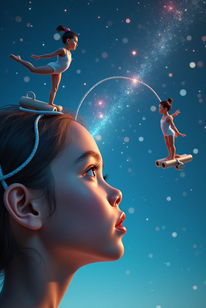 Real face of 8-year-old girl with wires and lasers on her head imagining gymnasts on gymnastics equipment floating in a starry sky