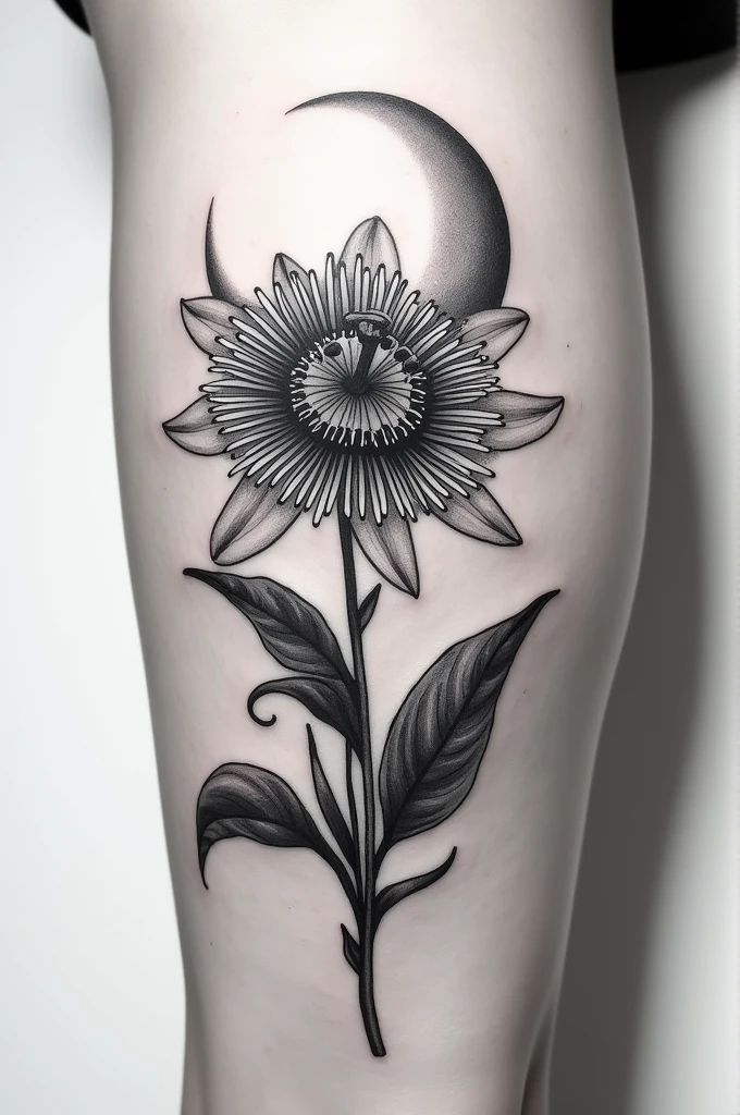 Black and white tattoo of a passion fruit flower with a waning moon behind it