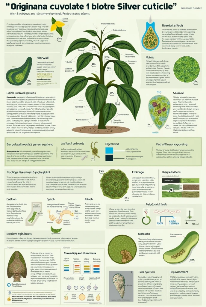 Create an infographic image with the following information:
The origin and evolution of stomata and the silver cuticle.
 
Main Objective The main objective of the study is to understand the mechanisms of formation and regulation of the cuticle in plants., as well as its importance in the adaptation and survival of plant species in diverse environments.

Background The cuticle is a lipid structure that covers the surfaces of plants., protecting them from dehydration and pathogens.
The composition and thickness of the cuticle have been observed to vary significantly between different species..
Previous studies have explored the function of stomata and their evolution in response to environmental changes..
Signaling mechanisms that regulate stomatal opening and closure have been documented..
Methods Phylogenomic analyses were performed to understand the evolution of the cuticle and stomata..
Microscopy techniques were used to study the structure of the cuticle in several species..
Field experiments were carried out to observe the behavior of plants under varying CO2 and light conditions..
Biochemical methods were applied to analyze the lipid composition in cell walls..
Findings Significant differences in cuticle composition were identified between species adapted to dry and humid environments..
Cuticle regulation is closely related to the ability of plants to handle water stress..
The enzymes involved in cutin biosynthesis are crucial for cuticle formation..
Convergent evolution patterns in stomatal structure were found among different groups of plants.
Strengths The multidisciplinary approach that combines genetics, physiology and ecology.
The use of advanced technologies such as high-resolution microscopy and genetic analysis.
The ability to correlate experimental data with observations