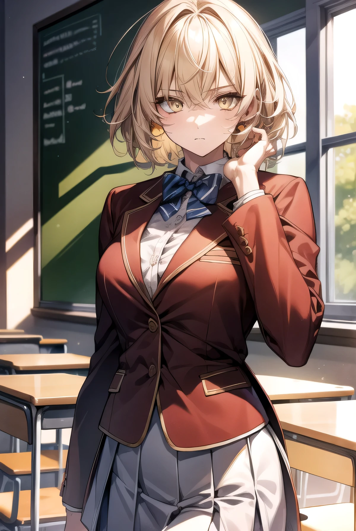 Messy hair, short blonde hair, (yellow eyes:1.3),
BREAK bow, school uniform, jacket, bowtie, blue bowtie, blazer, (red blazer:1.5), skirt, white skirt,
BREAK indoors, classroom,
BREAK thinking, looking at viewer, (cowboy shot:1.5),
BREAK (masterpiece:1.2), best quality, high resolution, unity 8k wallpaper, (illustration:0.8), (beautiful detailed eyes:1.6), extremely detailed face, perfect lighting, extremely detailed CG, (perfect hands, perfect anatomy), cool posture 