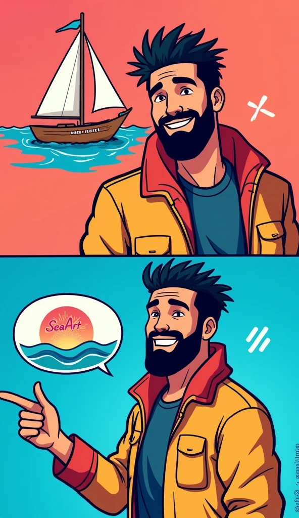 A vibrant and humorous two-panel meme featuring the artist Drake. In the top panel, Drake is seen rejecting something with a disapproving look and a gesture of dismissal. A sailboat icon labeled 'Midjourney' is prominently displayed. In the bottom panel, Drake is smiling and pointing, indicating his approval or liking of something. An icon of a sea labeled 'SeaArt' is present. The overall atmosphere of the meme is lively and engaging, with bold colors and expressive facial expressions., vibrant, illustration, typography