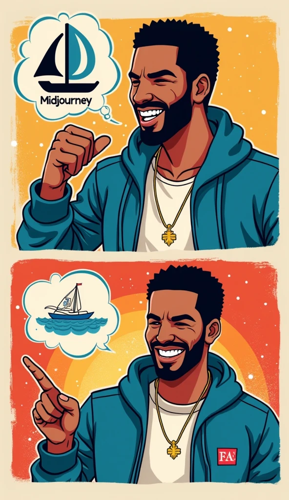 A vibrant and humorous two-panel meme featuring the artist Drake. In the top panel, Drake is seen rejecting something with a disapproving look and a gesture of dismissal. A sailboat icon labeled 'Midjourney' is prominently displayed. In the bottom panel, Drake is smiling and pointing, indicating his approval or liking of something. An icon of a sea labeled 'SeaArt' is present. The overall atmosphere of the meme is lively and engaging, with bold colors and expressive facial expressions., vibrant, illustration, typography