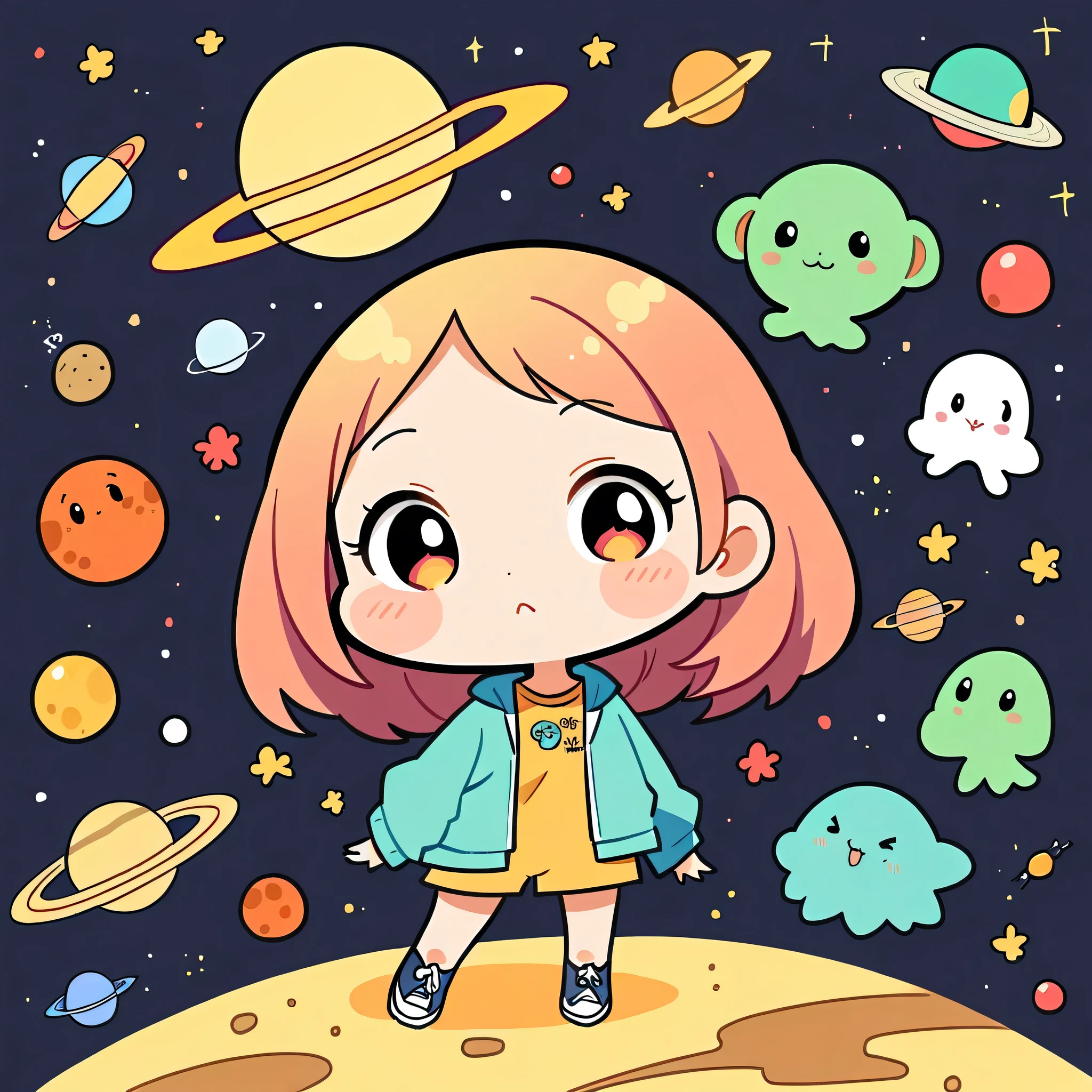 Keith Haring style, Kawaii Design, most beautiful girl ever、chibi, (((Space Exploration))), Lots of cute aliens, Saturn in the background