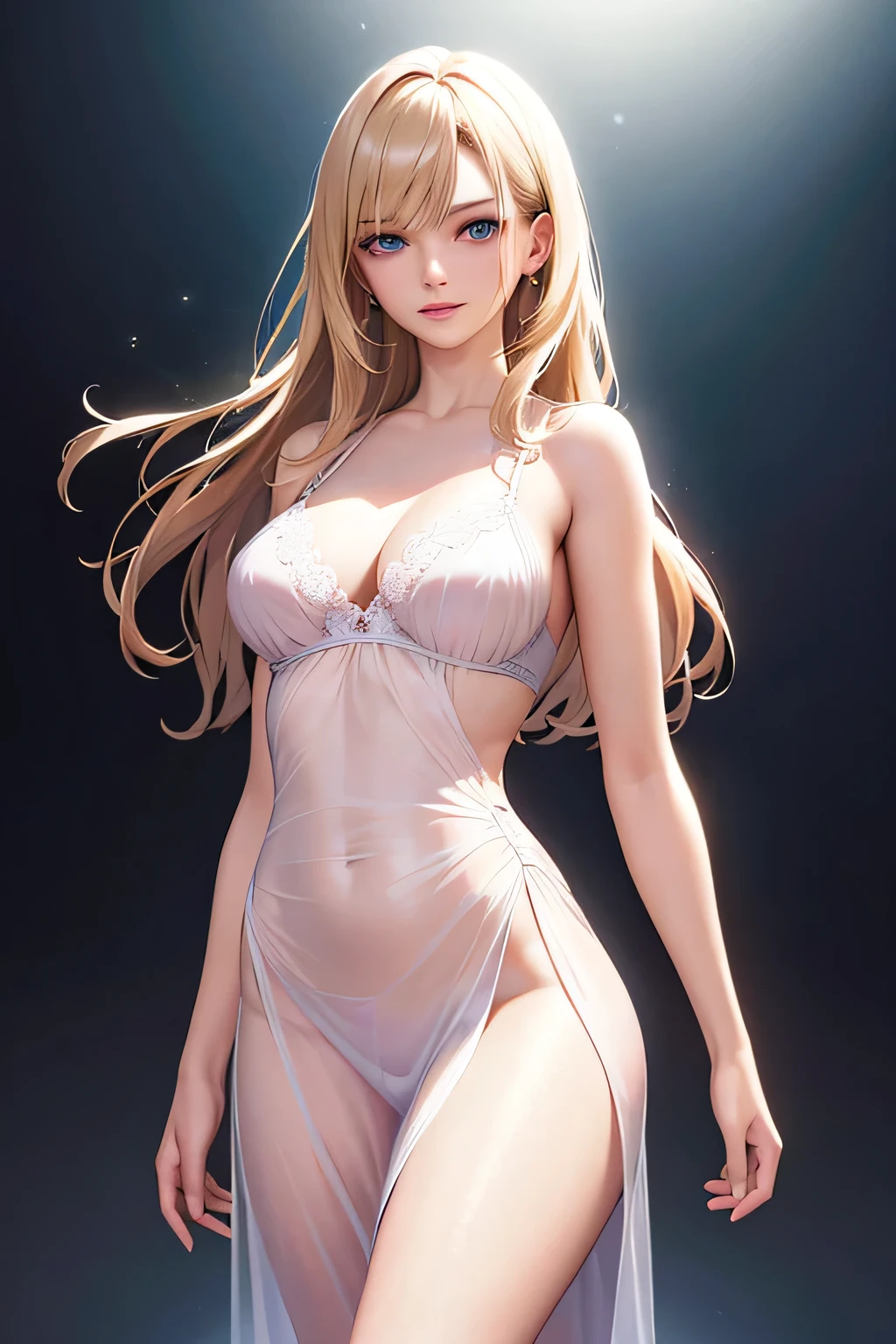 masterpiece, highest quality, ultra detailed, high resolution, (realistic, photo-realistic:1.37), good anatomy, 1 beautiful woman, long blonde hair, beautiful blue eyes, (((light pink transparent nightgown, white lingerie, clearly shows your body line))), medium breasts, smile gently, slender, standing, night indoor background, ((cowboy shot:1.2)), best light, best shadow, mysterious, perfect face, highly detailed,