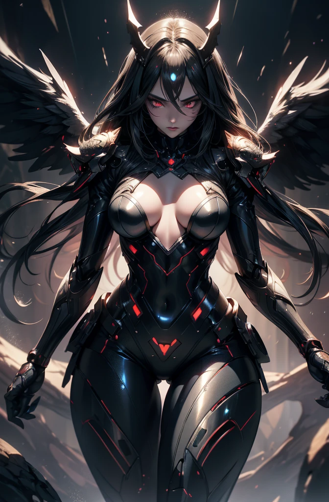 A beautiful robot that combines a succubus and a fallen angel, Red glowing eyes、A dynamic pose、In beautiful form, Wearing a shiny black bodysuit with fine lines, Best body shape, Background: A large room with analytical equipment, Lab, Shading Effects, Gradient Magic Effect, Fog filter effect, Glitter effect, (Super detailed, The absolute solution, Highest quality:1.3), 2.5D, delicate and dynamic, Artistic photography, Ultra-realistic, Graphics CG Digital Art