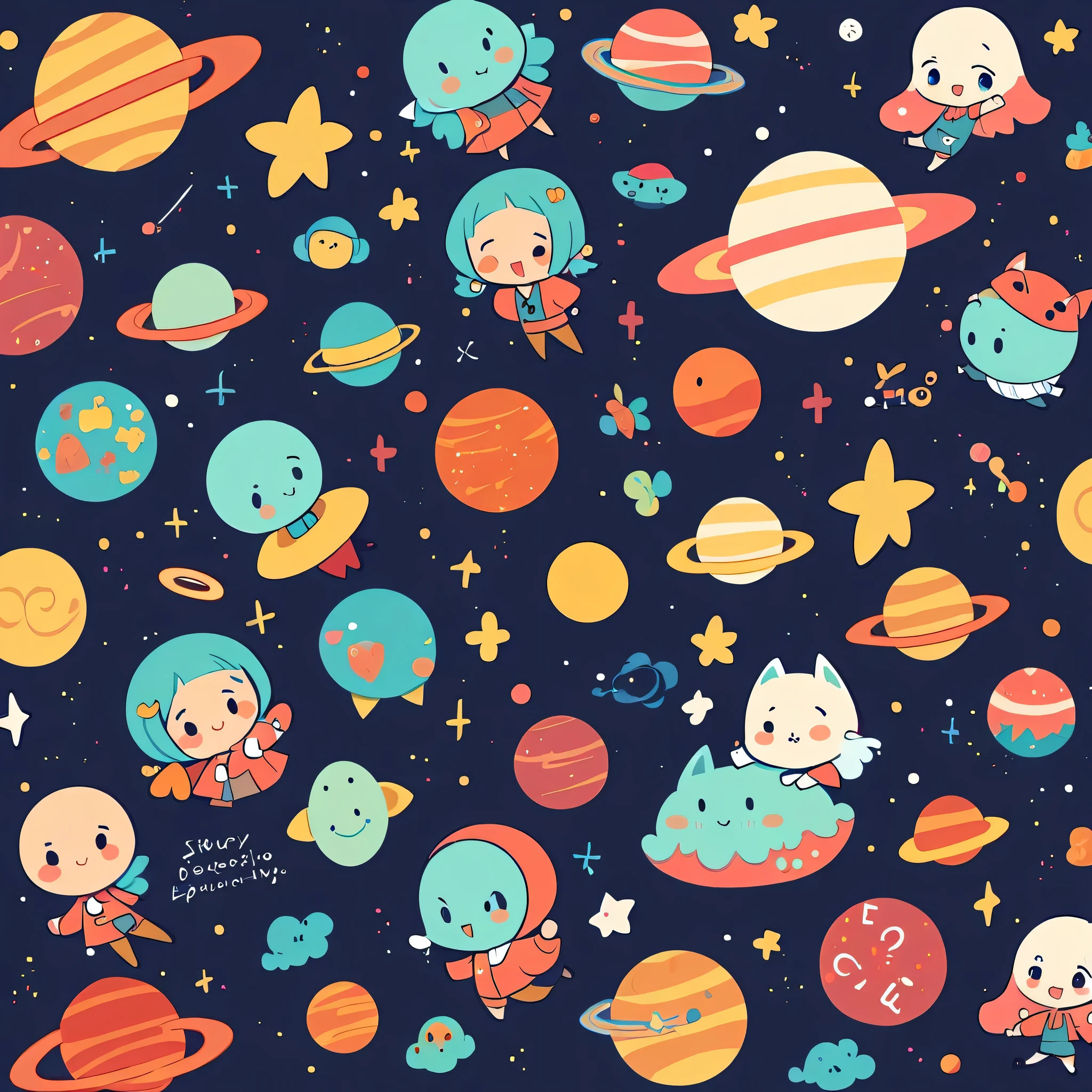 Keith Haring style, Kawaii Design, most beautiful girl ever、chibi, (((Space Exploration))), Lots of cute aliens, Saturn in the background