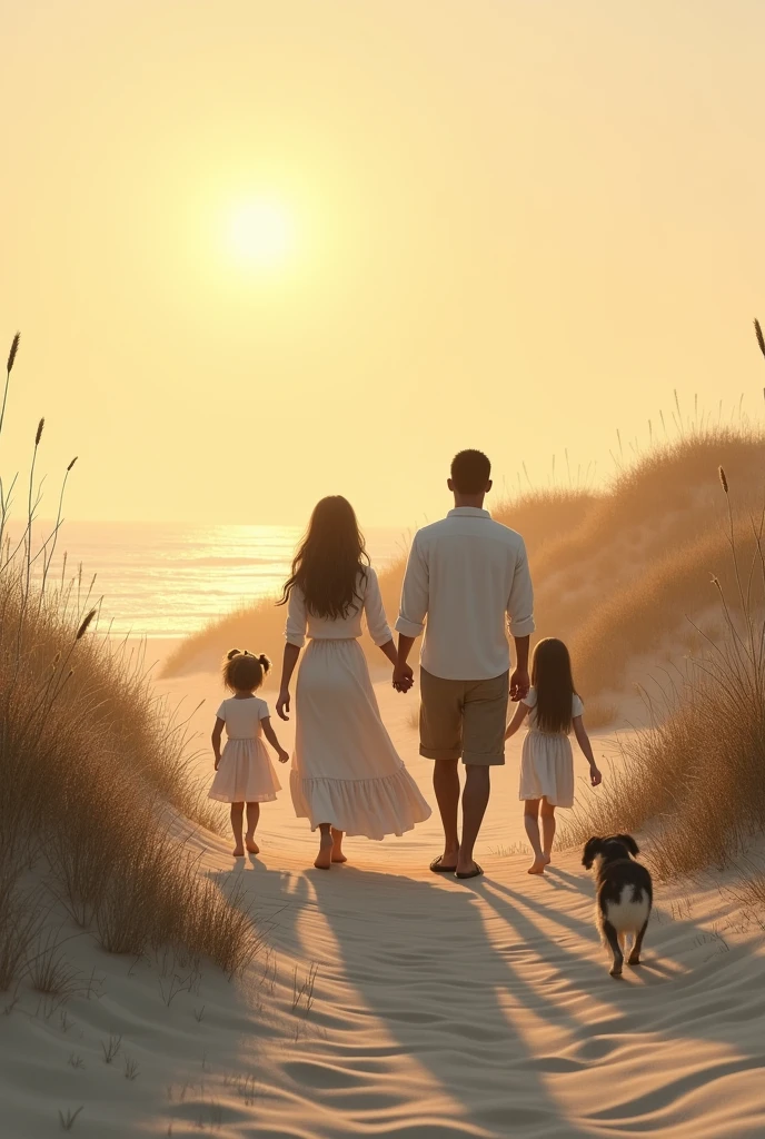 walking backwards, A white girl and a dark-skinned man at sunrise on the beach, with dune girl, child, a girl and a dog
