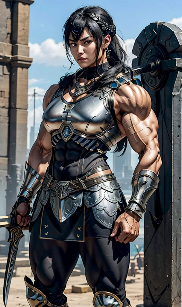 Highest quality、４K８K、One female、((Full body image))、((A woman with a massive muscular physique))、55-year-old middle-aged woman、Valkyrie General、Height: 185cm、Weight 120g、Medieval metal armor、Ornately decorated ceremonial armor、((Metal armor with lots of exposed skin))、Metal Boots、Stiletto boots、With a huge long sword、((Sleeveless Armor))、((Metallic ultra-mini skirt))、Male bodybuilder with large physique、bulging muscles、Protruding veins、Thick and strong neck、Developed trapezius muscles、Six-pack、Male bodybuilder chest、((Strong muscular thighs))、bulging calf muscles、Model standing、The Queen's Appearance、A Majestic General、Possesses incredible strength、Black Hair Upstyle Hair、Valkyrie Hair Ornament