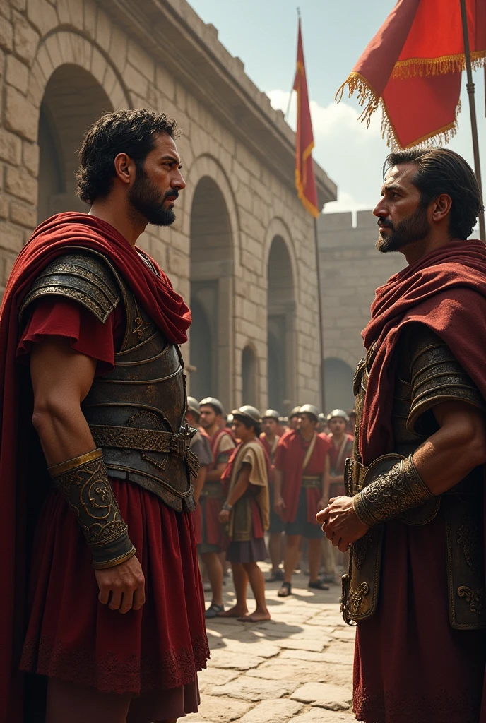 Panel 1: A flashback shows Sebastian as a Roman soldier, Talking to a Roman officer. Text: "Sebastian was a Roman soldier who secretly embraced Christianity.."
Panel 2: Sebastian is arrested and brought before the emperor. Text: "discovered, He was sentenced to die for his faith."