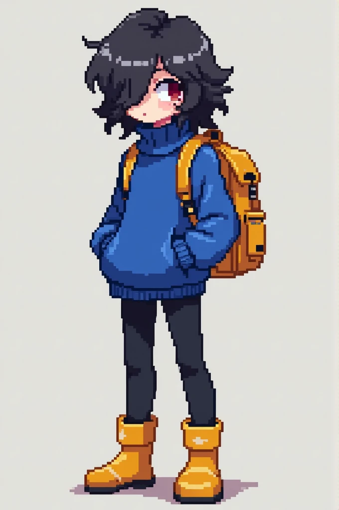 Create a 13 year old girl with wavy hair covering her left eye, wear a royal blue thin turtleneck sweater, Black pants, yellow boots and has a creative cloth backpack on his back with a simple pixelated style similar to the Undertale character design