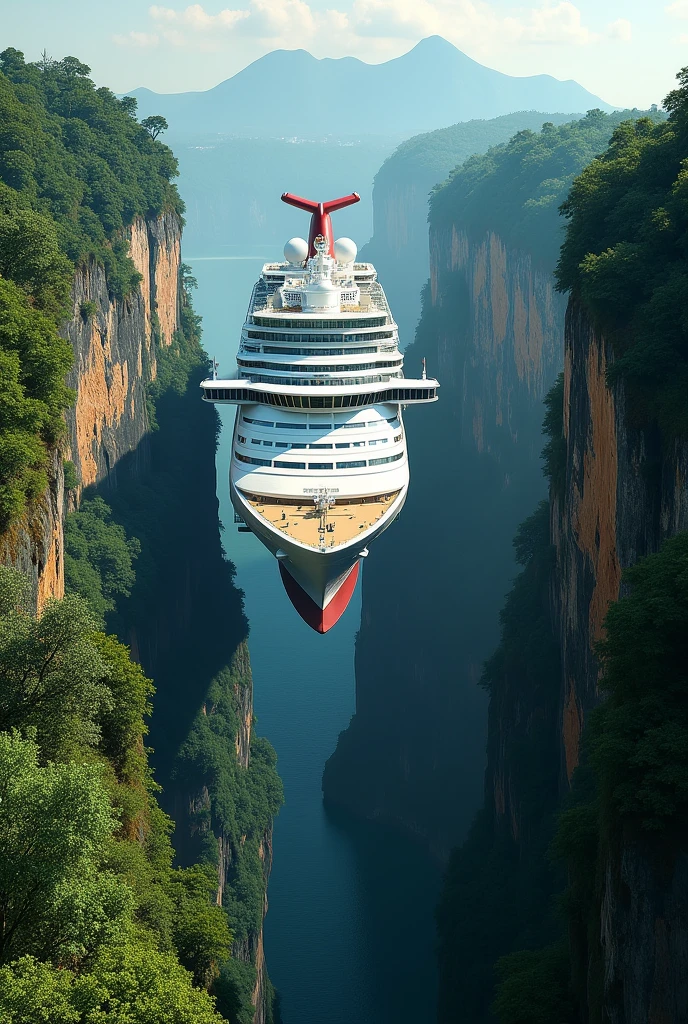 "A large cruise ship on top of a vertical cliff covered in green foliage, with the front of the ship jutting out. The image should be viewed from above, realistic, and rich in details, highlighting the contrast between the ship and the natural setting. Create a 4K image, DSLR Canon style."
