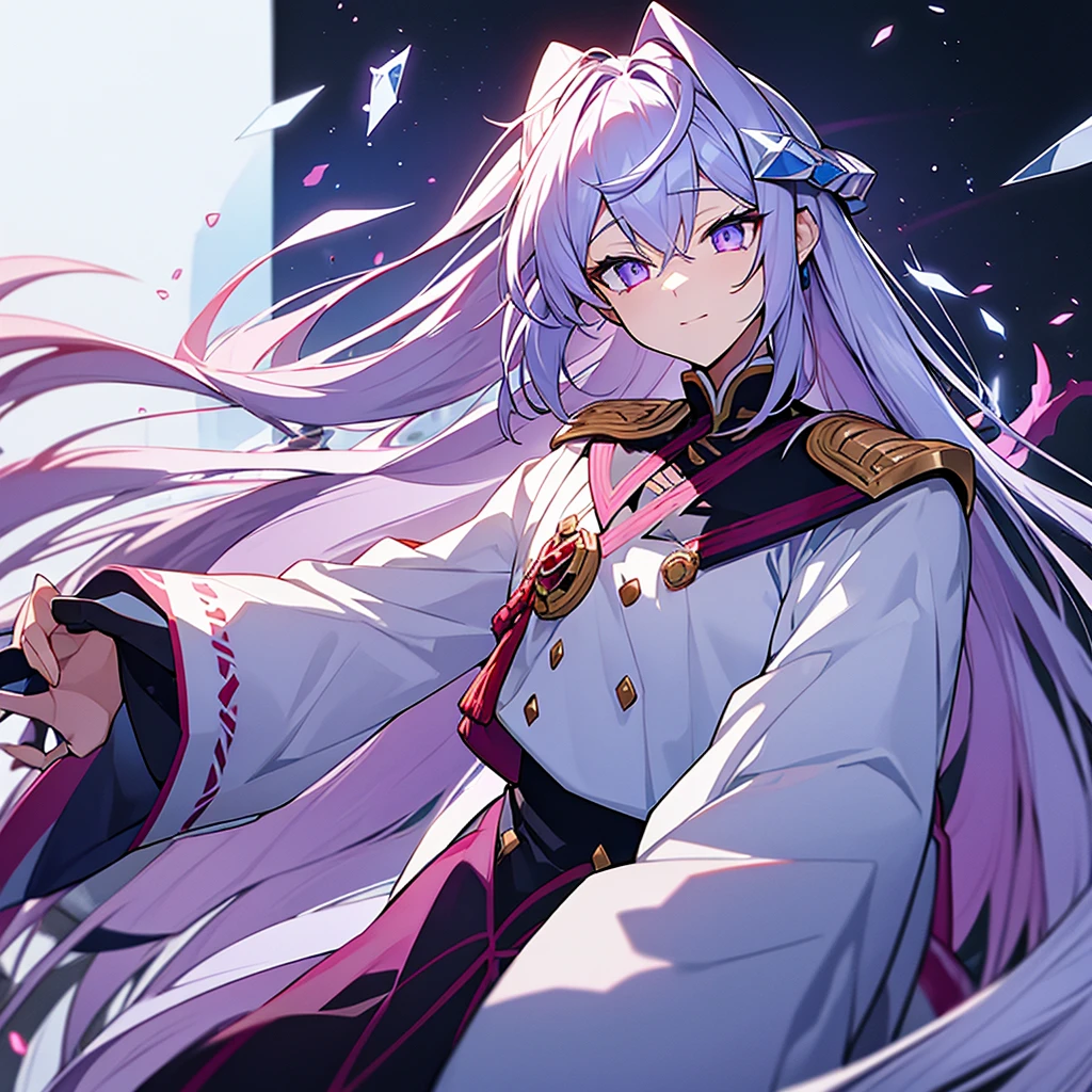 by white, Crystal lilac eyes with heavenly blue with strong red wine eyes,Demon Slayer Uniform,white haori with lilac with crystalline waves