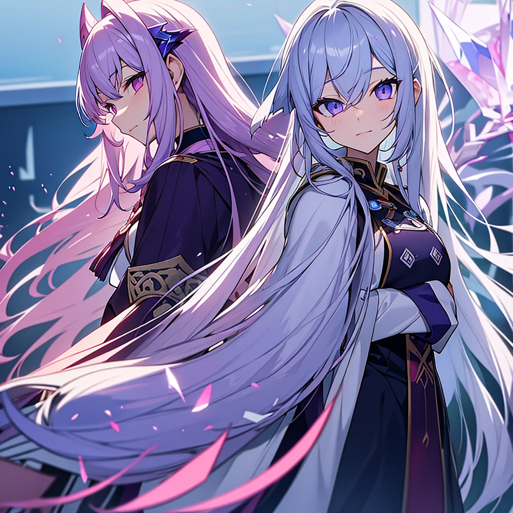 by white, Crystal lilac eyes with heavenly blue with strong red wine eyes,Demon Slayer Uniform,white haori with lilac with crystalline waves