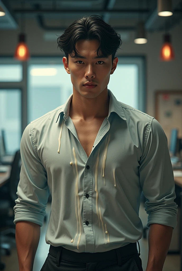 A Korean man with short hair and handsome face features wearing long sleeved shirt,covered with milk dripping down, pants, and shoes standing in an office with masculine pose and fierce expression, facing straight to the camera, muscular build, detailed face, detailed clothes, detailed background