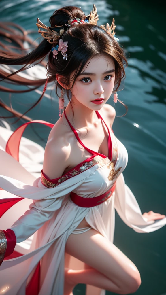 (masterpiece, best quality:1.2), 1 Girl, Solitary, ((gufeng,Bare shoulders)), Warm colors,((whole body)), ((from above)), ((float的,water,float)), Heroine Image,Slender sexy legs,Very beautiful legs,Leaking sexy legs,Large Breasts,beauty, mystery。脸庞beauty精致,Otherworldly beauty。The bridge of the nose is straight,Cherry lip color,Confident and calm。Well-defined facial contours,Skin like jade,Light and delicate makeup,Show her temperament and charm。Light foundation, Skin transparency,Perfect eyebrow shape,Eye Makeup,Eyeshadow,Eyeliner,Brighter eyes、Energetic。涂上grace的口红,Charm and sophistication。衣服grace别致,Clothes fluttering,Blown up by the wind,Drifting away。grace,Swinging action。Hair tied haphazardly behind the head,Secure with a jade hairpin,Strands of hair fluttering gently in the wind,一道beauty的风景线,Attract attention。beauty、grace、mystery